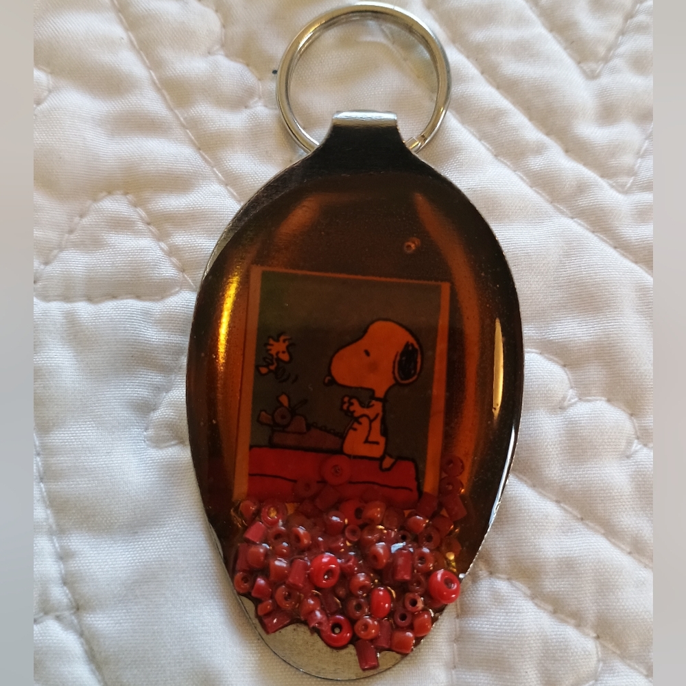 Unique Artisan Upcycled Silver Spoon Keychain W/Snoopy In Red Resin & Beads
